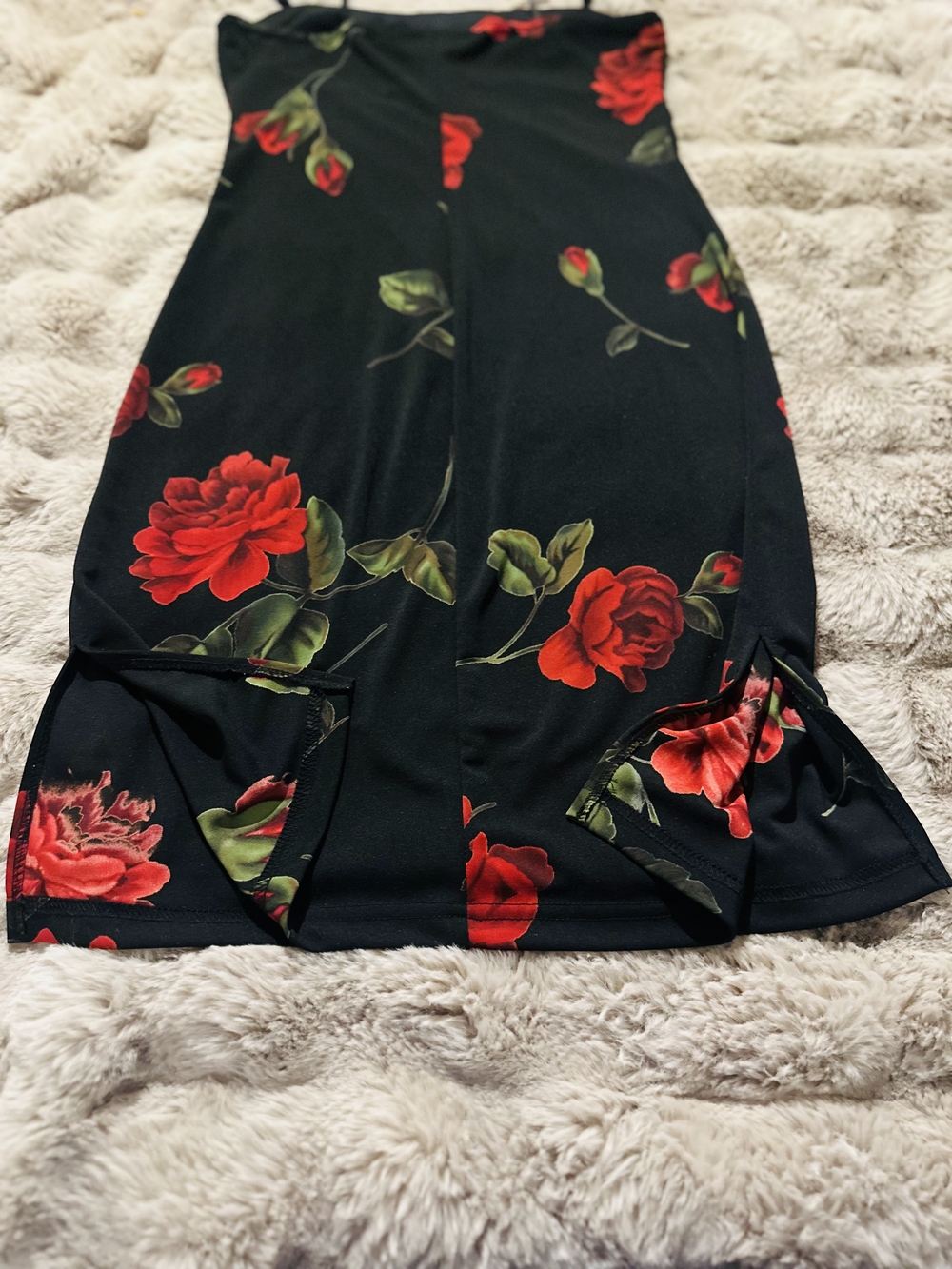 Black Floral Midi Dress with Red Rose Print